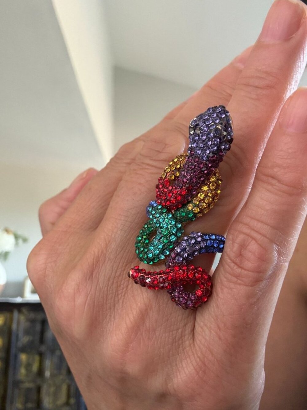 Rainbow Rhinestone Coiled Snake Statement Ring Gold Tone Multicolor Size 6 - Picture 5 of 6